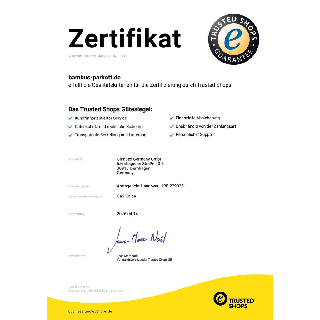 Trusted Shops Zertifikat: Bambusparkett Glimpex-G ist als geprüfter und zertifizierter Online-Shop für Käuferschutz und Vertrauenswürdigkeit ausgezeichnet