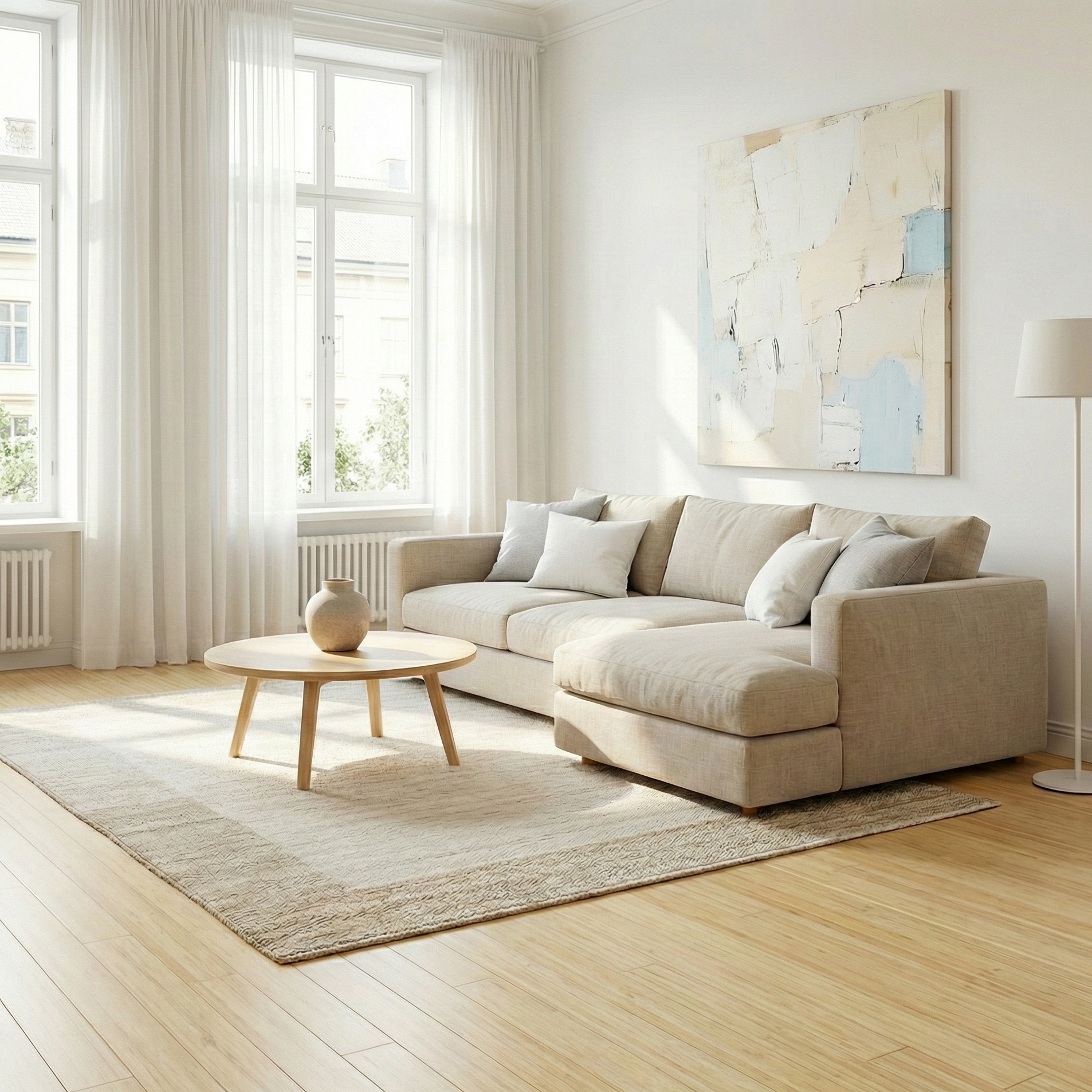 Wohnzimmer schwedischer Stil mit Bambusparkett