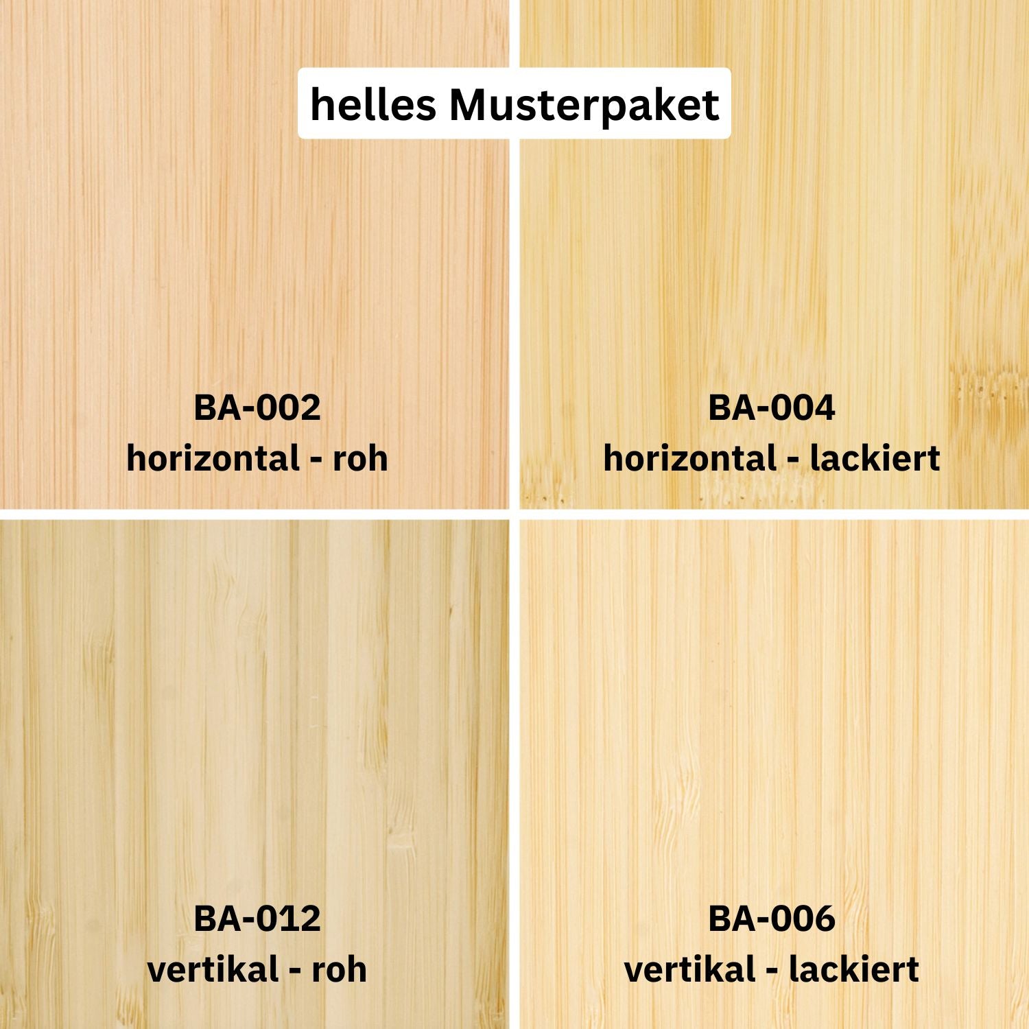 Kostenloses Musterpaket für helles Bambusparkett von Glimpex-G, zeigt verschiedene Muster und Oberflächenstrukturen.