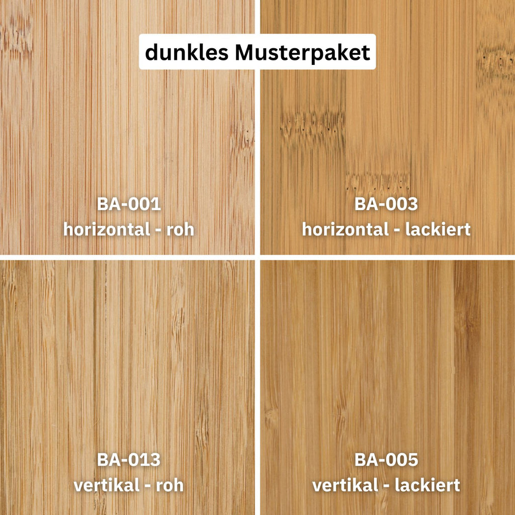 Helles Bambusparkett Musterpaket von Glimpex-G mit verschiedenen Musterplatten, kostenloses Muster zum Anfassen und Vergleichen.