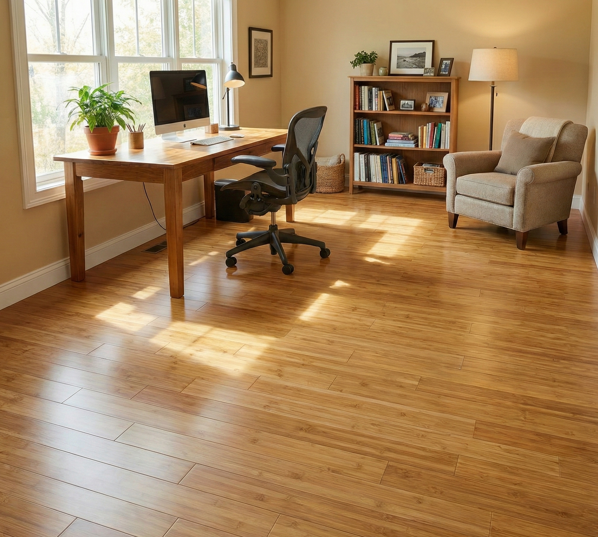 Dunkles Bambusschnellparkett von Glimpex-G in horizontaler Ausrichtung, lackierte Oberfläche, nachhaltiges Bambusparkett.