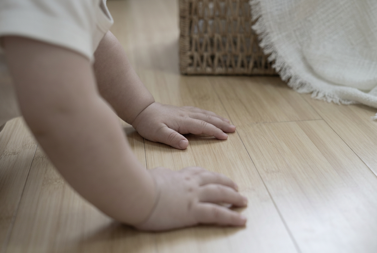 Hellbeiges Bambusparkett von Glimpex-G in horizontal Verlegung, sichtbare Holzmaserung und glatte Oberfläche.